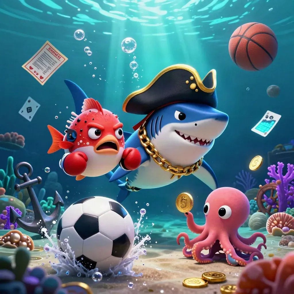 Hiu bajak laut, ikan buntal, dan gurita kecil di bawah laut dengan bola, koin, dan efek neon.