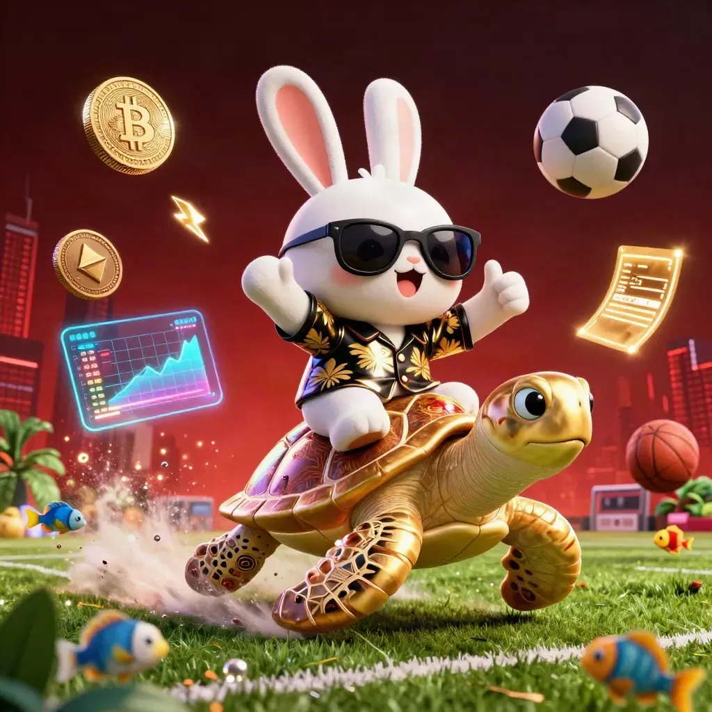 Kelinci 3D lucu di atas kura-kura emas, bola sepak, koin kripto, dan efek neon kasino.