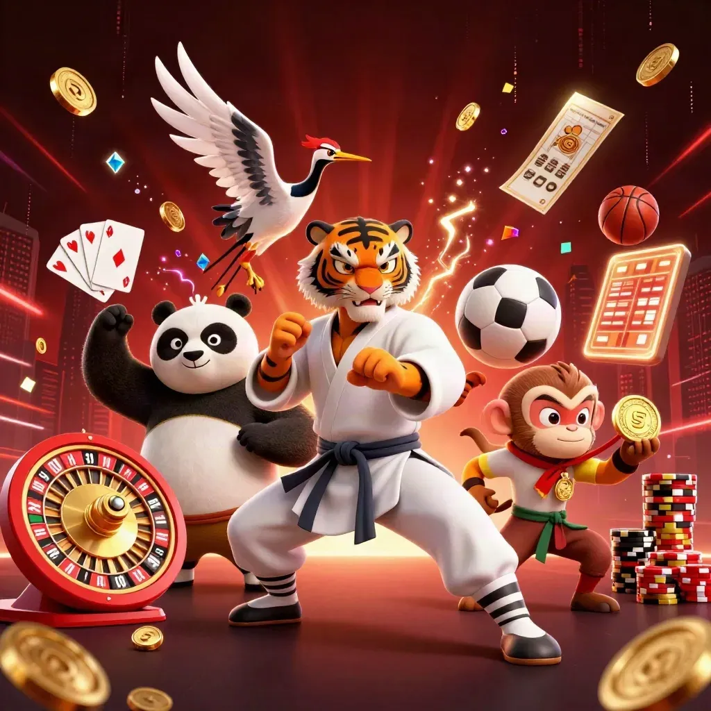 Harimau kung-fu, panda, dan monyet dikelilingi koin, roulette, kartu, bola, dan cahaya neon.
