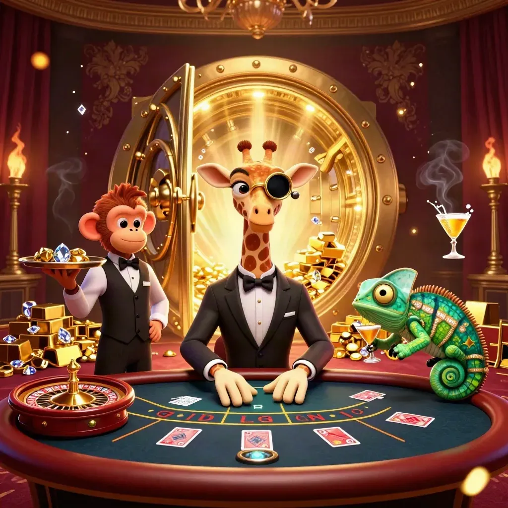 Jerapah high-roller, monyet valet, dan bunglon bartender di kasino mewah emas-merah.