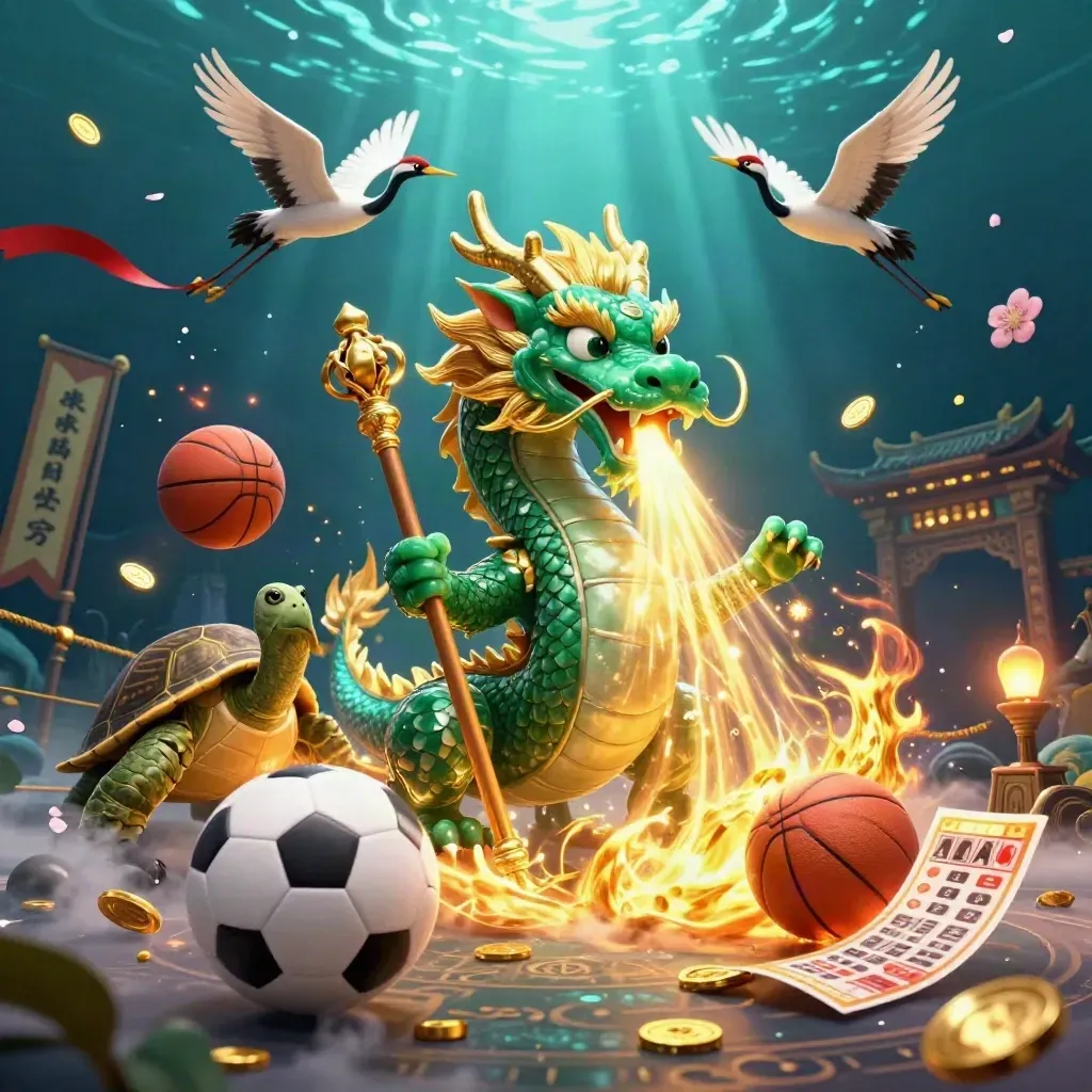 Naga hijau, kura bijak, dan bangau di arena magis dengan bola dan cahaya emas.
