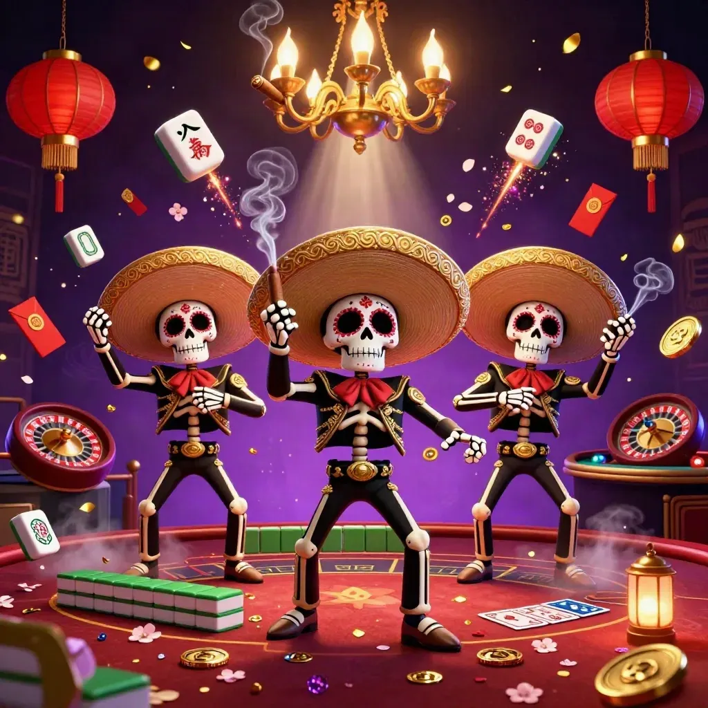 Tiga kerangka mariachi di meja kasino mewah, lampion merah, roda roulette, efek emas ungu.