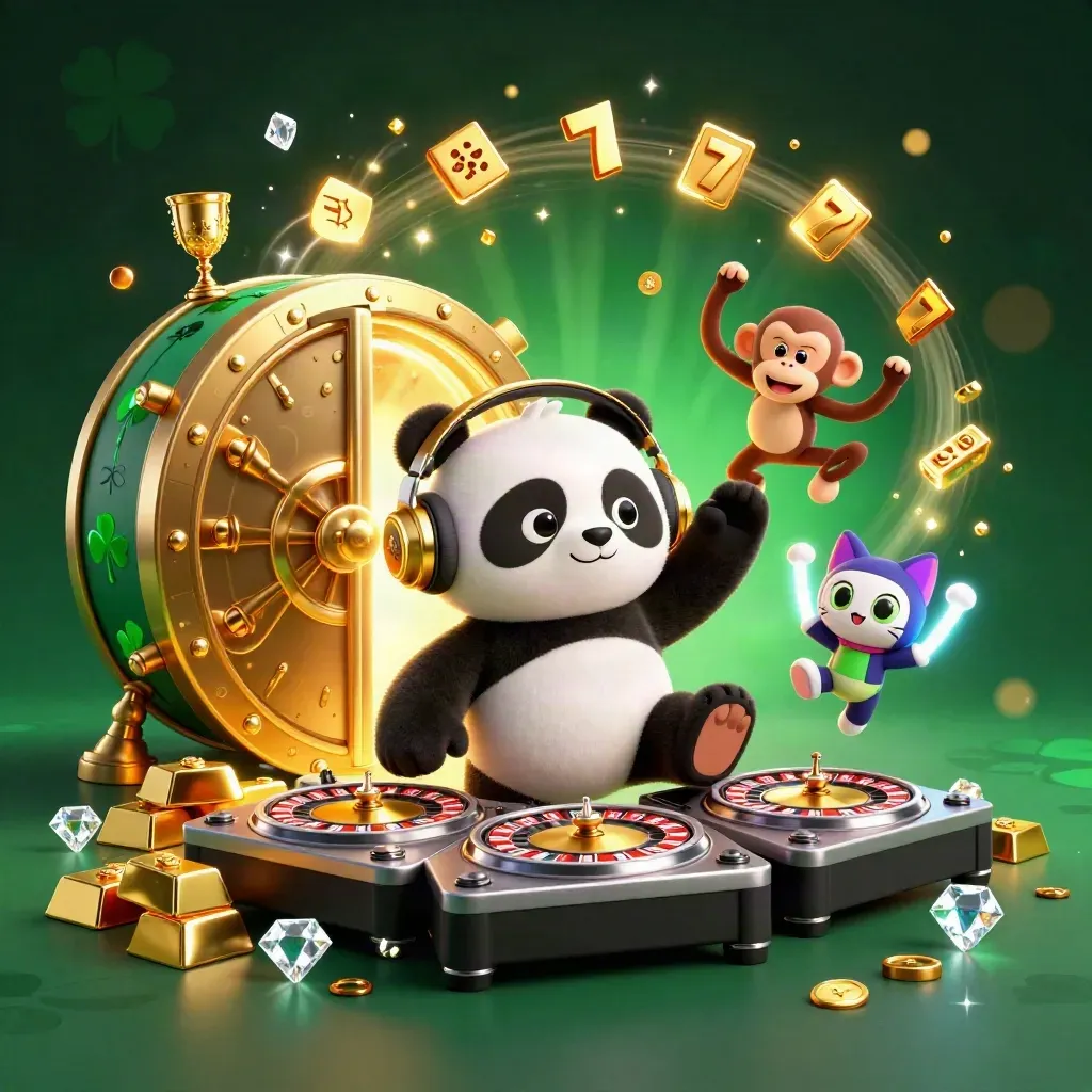 Panda DJ, monyet breakdance, dan anak kucing rave di depan pintu harta emas terbuka.