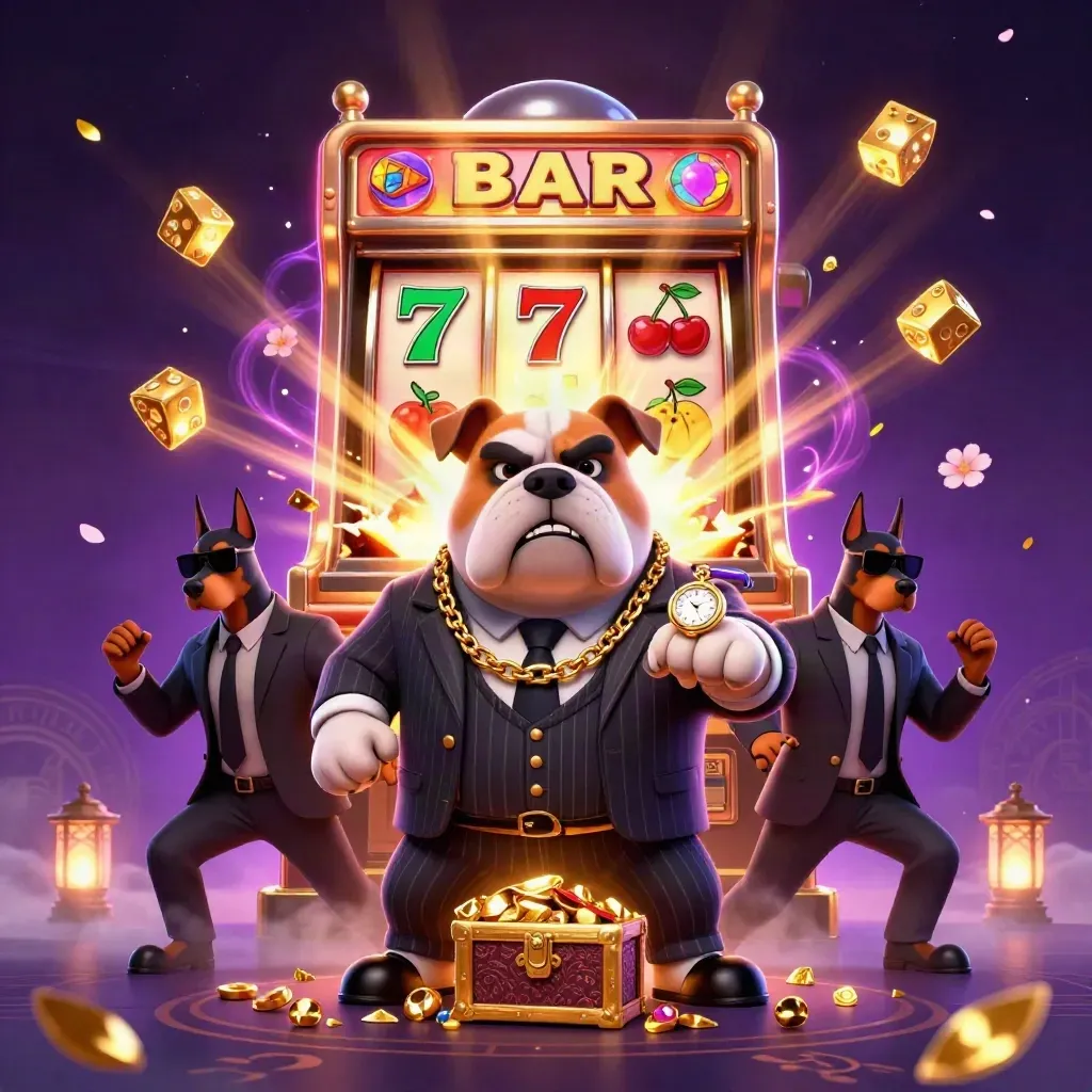 Bulldog bos mafia dan dua doberman di depan mesin slot emas meledak dengan permata.