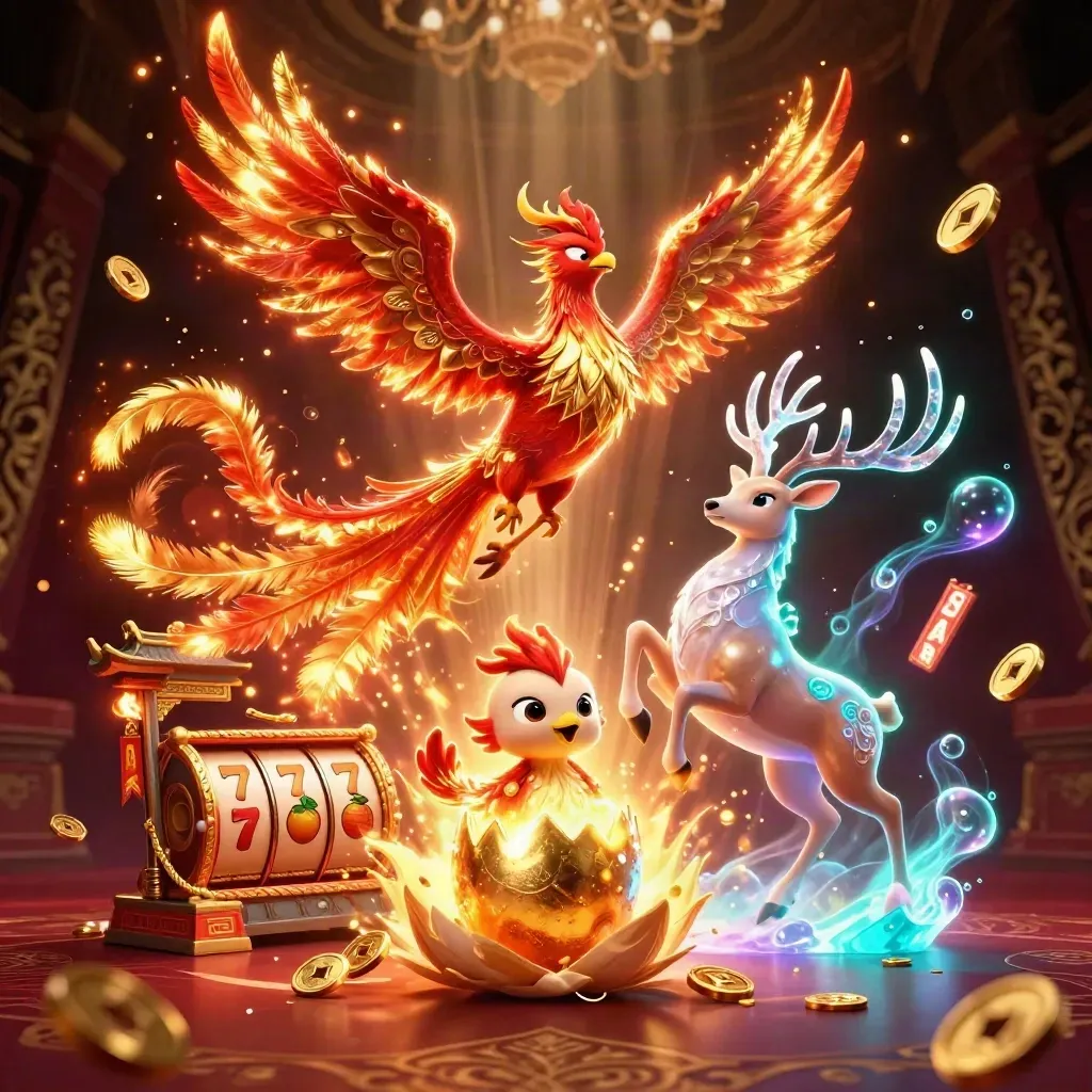Phoenix, bayi phoenix, dan rusa kristal meledak bersama emas, koin, dan cahaya kasino.