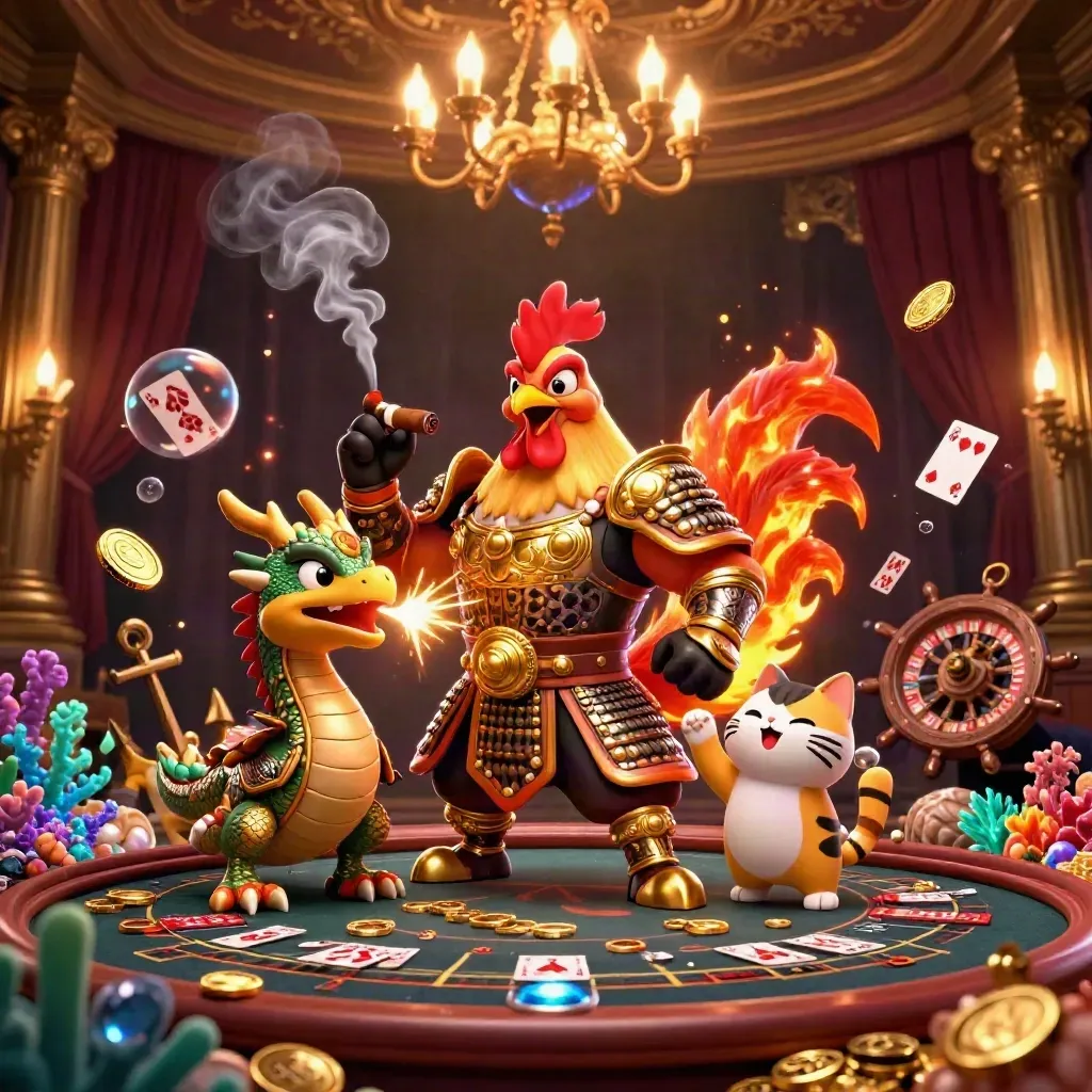 Ayam samurai, naga kecil, dan kucing keberuntungan di kasino emas bertema laut.