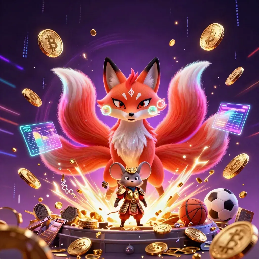 Rubah sembilan ekor neon dan tikus samurai emas di tengah harta, koin, dan kilat.