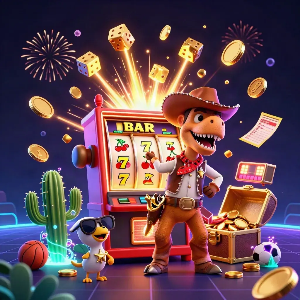 T-Rex koboi, kaktus, dan burung sheriff dikelilingi slot emas, koin, dan kembang api neon.