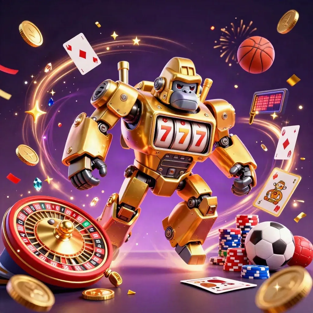 Gorila mech emas dan monyet pilot dikelilingi koin, kartu, roda roulette, dan chip kasino.