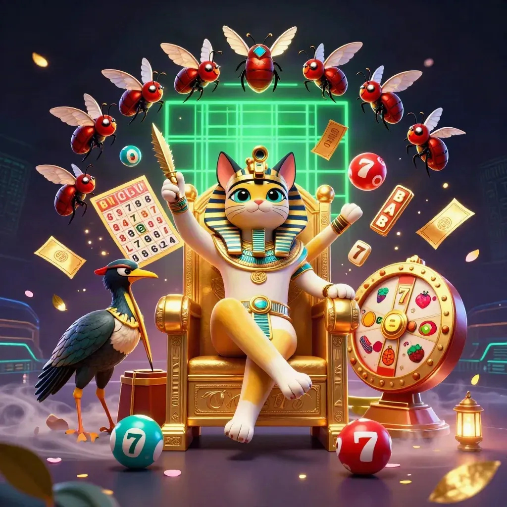 Kucing firaun kartun di singgasana emas, dikelilingi ibis, scarab, bola lotre, dan efek neon.