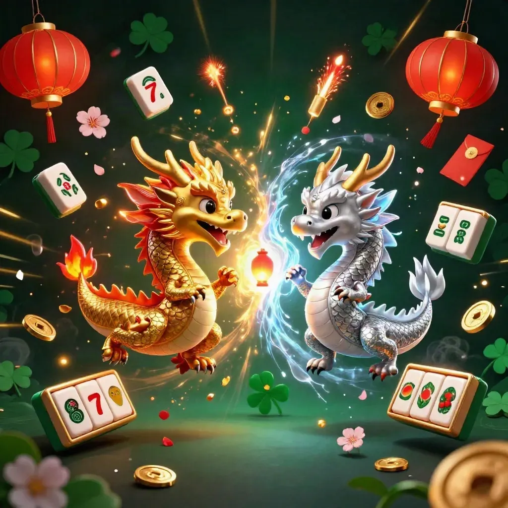 Dua naga kartun emas dan perak berputar, dikelilingi simbol slot, lentera, dan koin jade di latar hijau gelap.