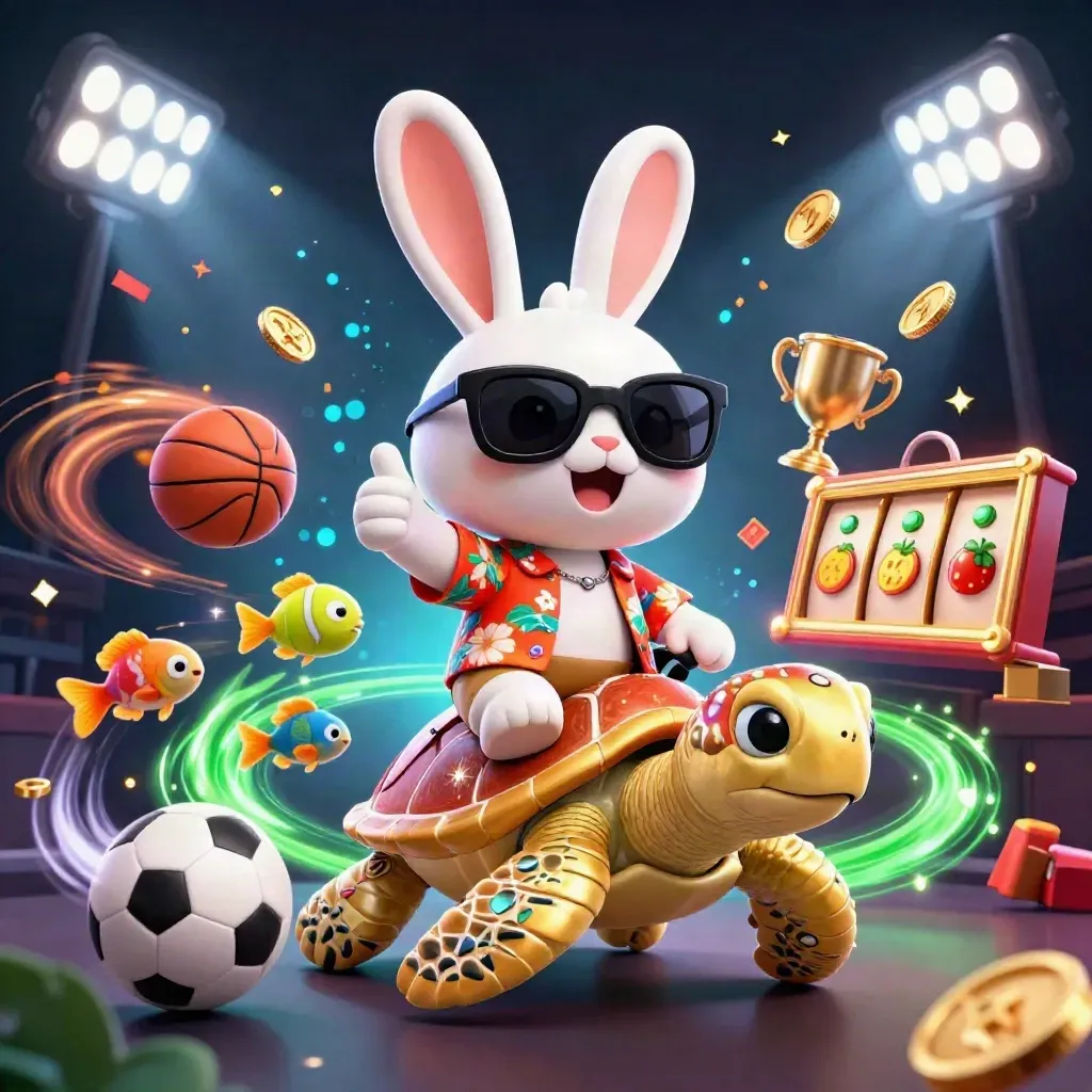 Kelinci lucky bersunglasses menunggang kura emas dikelilingi bola, koin, dan efek kasino neon.