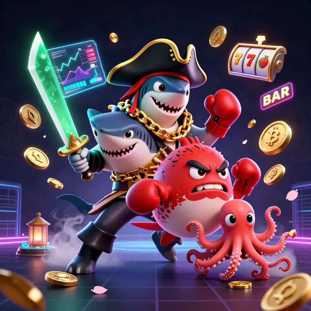 Hiu bajak laut, ikan buntal, dan gurita bayi dikelilingi koin emas dan efek neon.