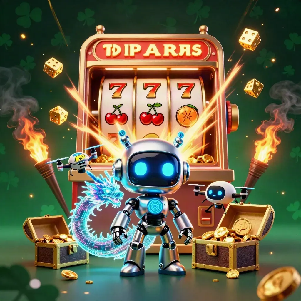 Robot cyberpunk, naga hologram, drone koin, mesin slot meledak, harta emas di latar hijau gelap.