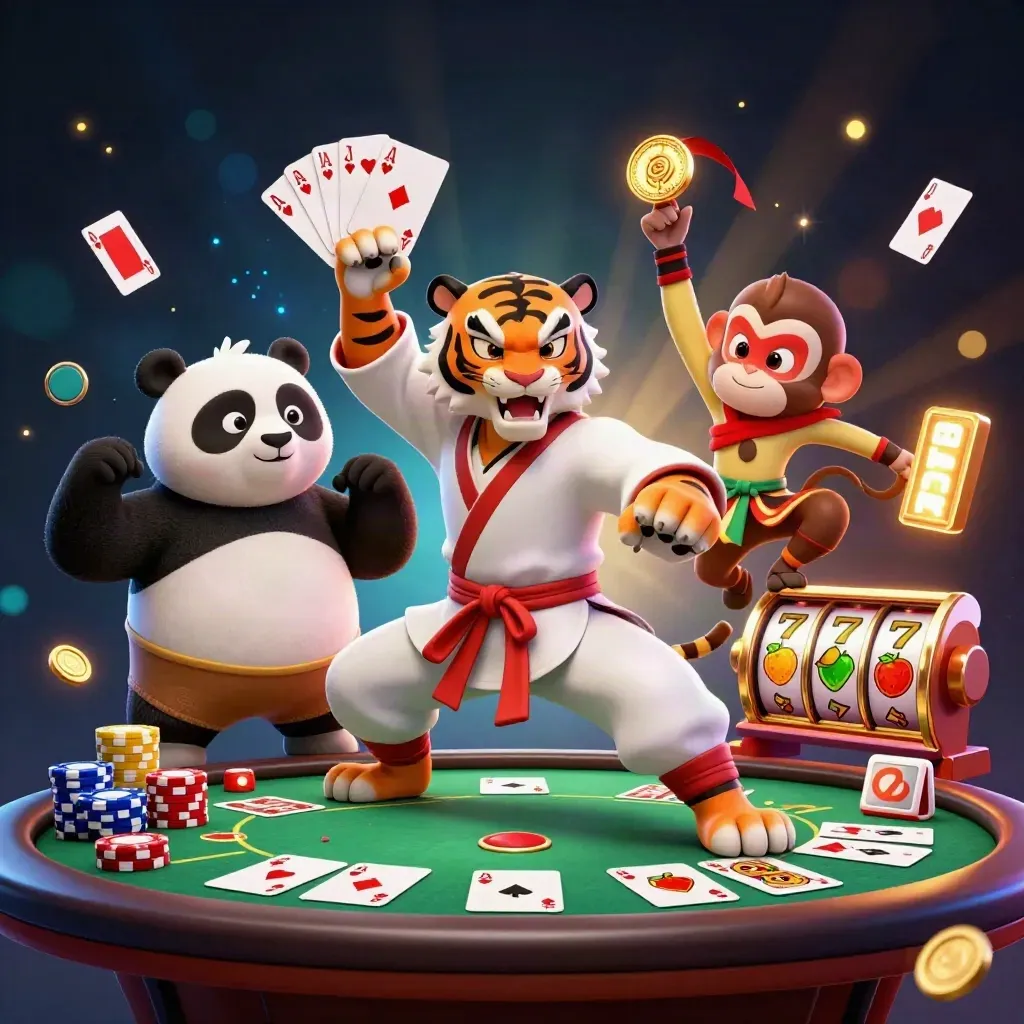 Tiger kung-fu, panda, dan monyet di meja kasino emas-hijau dengan efek cahaya dramatis.