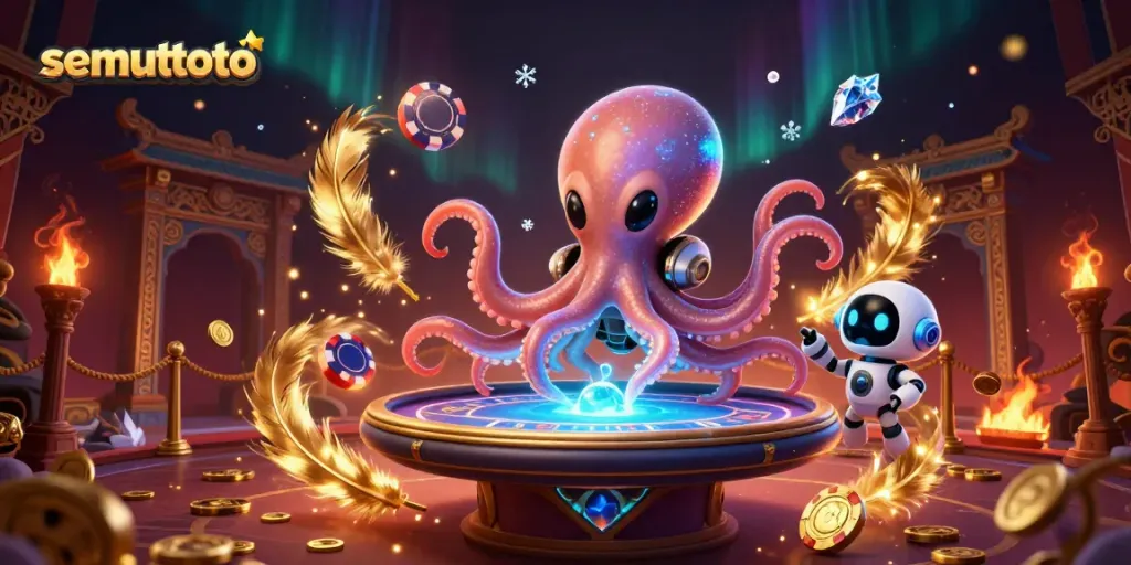 Menghadirkan Semuttoto, sebuah latar casino online yang penuh warna dengan karakter kartun alien berinteraksi di meja poker holografik.