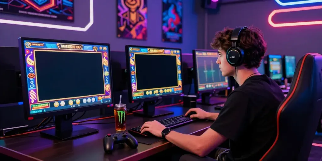 Gamer mengeksplorasi slot online NAGAHOKI303 dengan fokus tinggi pada layar serta aksesoris permainan yang menarik.