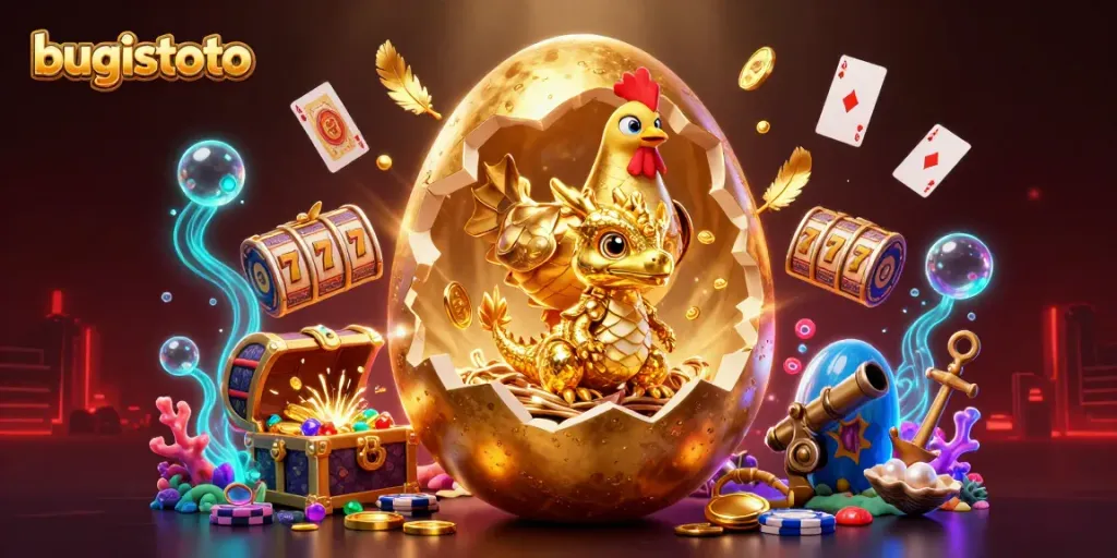 Ilustrasi kasino 3D menampilkan bugistoto dengan naga emas dan chip poker yang menggambarkan kejayaan permainan.