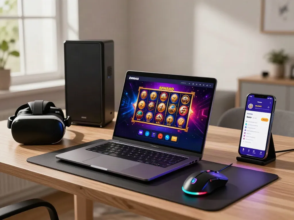Engaging online gaming setup featuring AHHA4D platform with slot dana accessibility on laptop and smartphone.