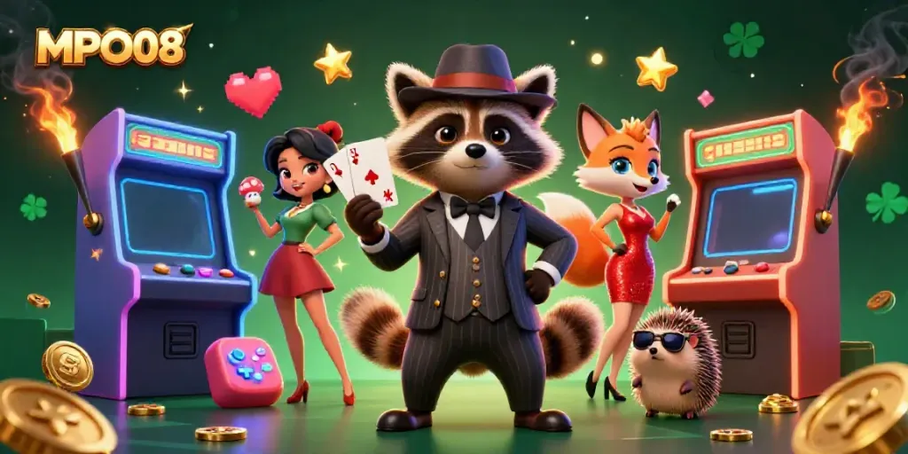 Experience MPO08 with a raccoon in a tux, a fox in sequins, and a hedgehog bouncer in a vibrant casino setting.
