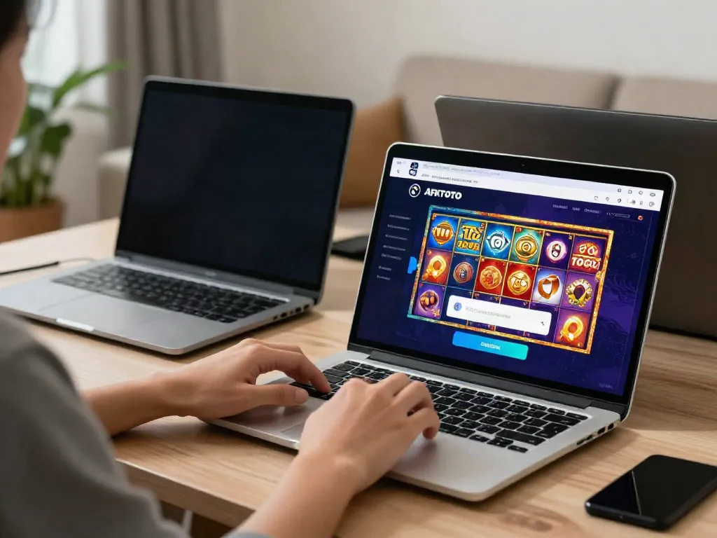 Pengguna afktoto login di laptop dengan tampilan permainan Toto Togel dan slot online.