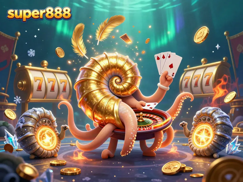 Super888 menghadirkan keseruan bermain slot dengan simbol keberuntungan dan kartu poker dalam suasana kasino penuh warna.