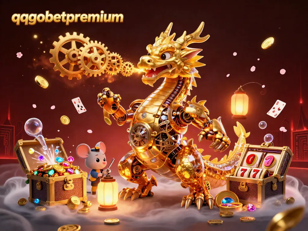 Experience exciting gameplay at qqgobetpremium with a golden dragon and casino elements in a vibrant scene.