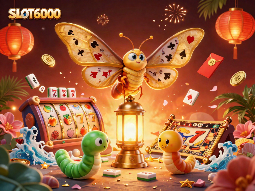 Experience vibrant SLOT6000 with spinning slot reels and a majestic atlas moth illustration.
