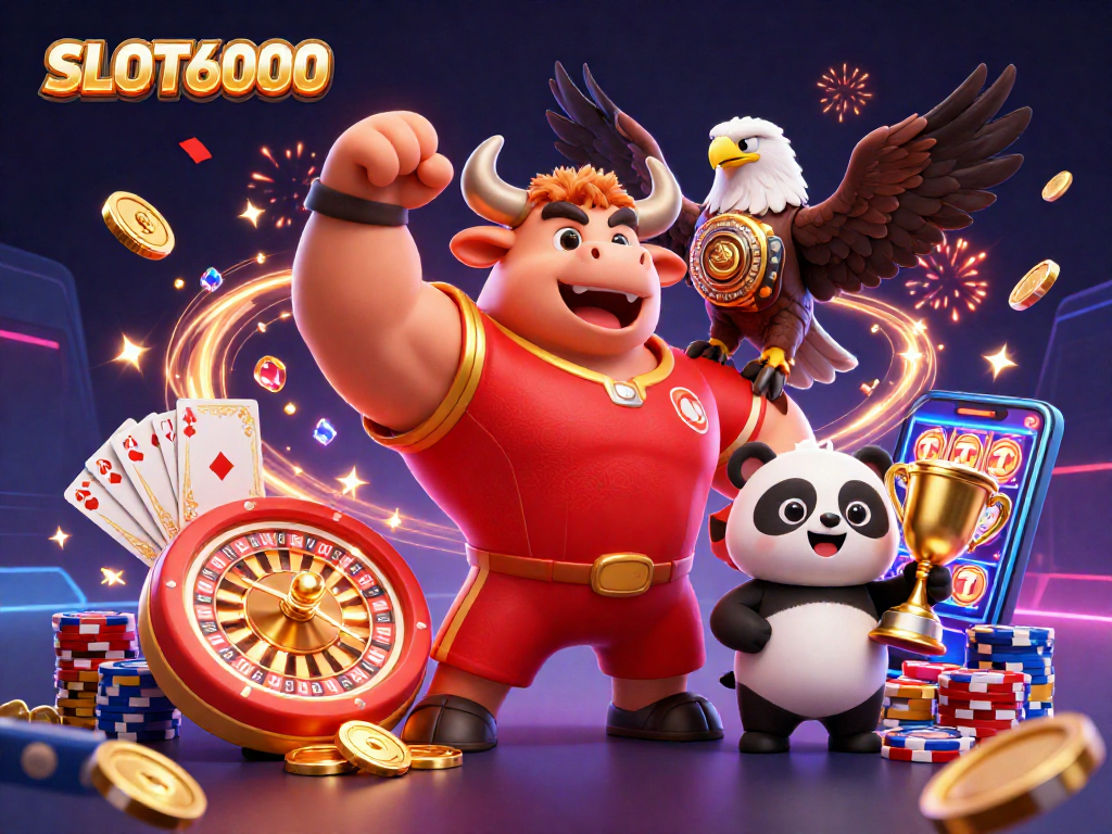 SLOT6000 delivers thrilling wins with a vibrant 3D illustration showcasing festive characters, cascading coins, and slot excitement.