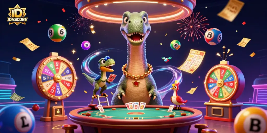 Experience excitement and wins with IDNSCORE's dynamic casino scene featuring vibrant game elements.