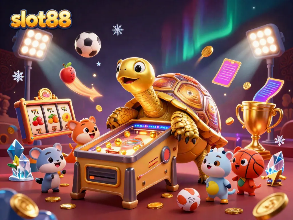 Engaging scene of a colossal golden tortoise as a pinball machine with slot88 elements surrounded by excited animals.