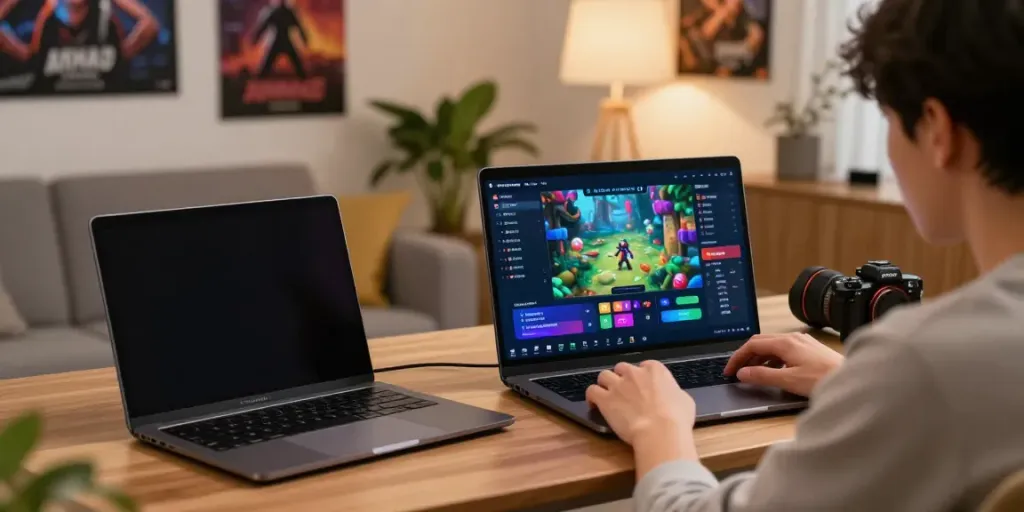 Pengguna menikmati platform permainan AHHA4D dengan tampilan permainan menarik di laptop di ruang tamu yang nyaman.