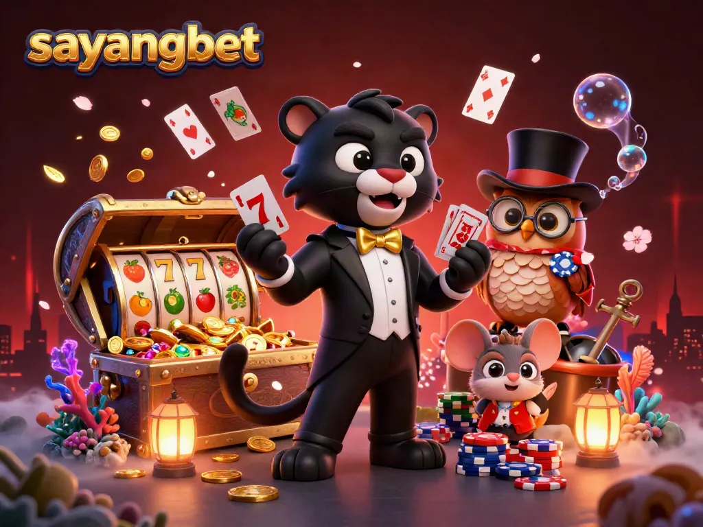 Engage in thrilling gameplay with sayangbet featuring a stylish panther, owl, and mouse amidst dynamic casino elements.