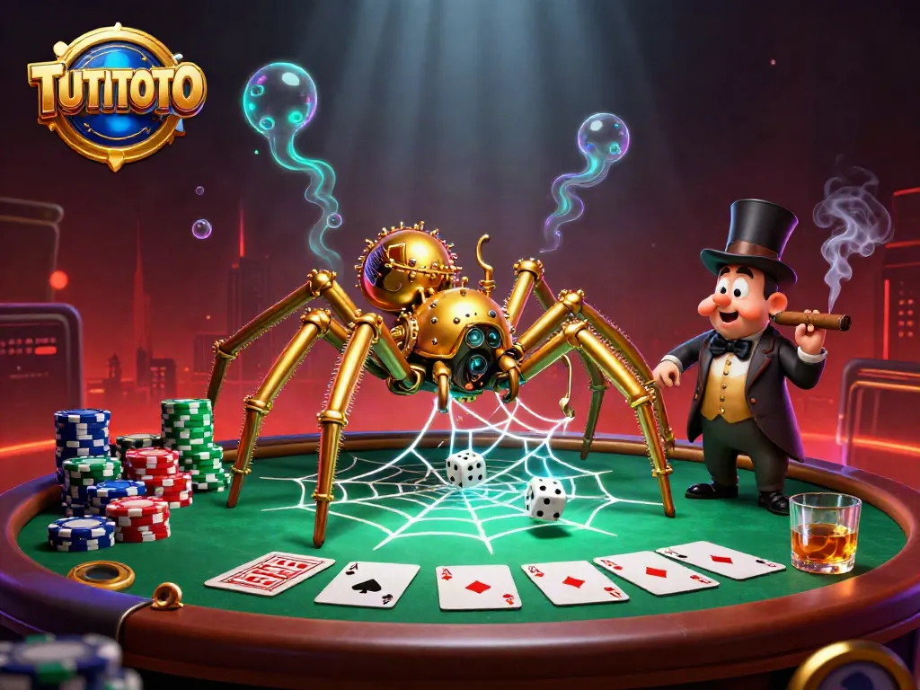 Engage with TUTITOTO's lively steampunk scene featuring a golden spider and a fly gentleman at a poker table.