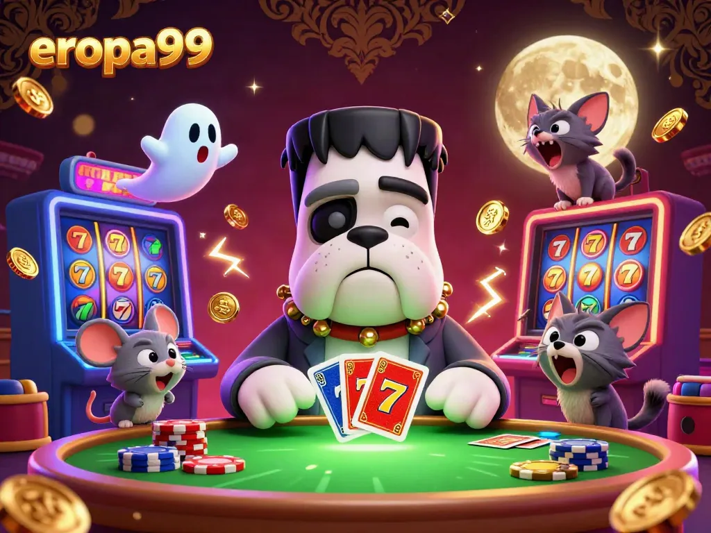 Menggairahkan di Eropa99, anjing Frankenstein kartu menang di meja kasino dengan suasana spooky.
