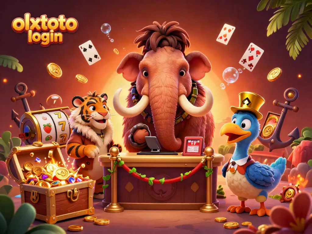Engage with olxtoto login at the vibrant casino scene featuring a mammoth bouncer and a saber-tooth guest.