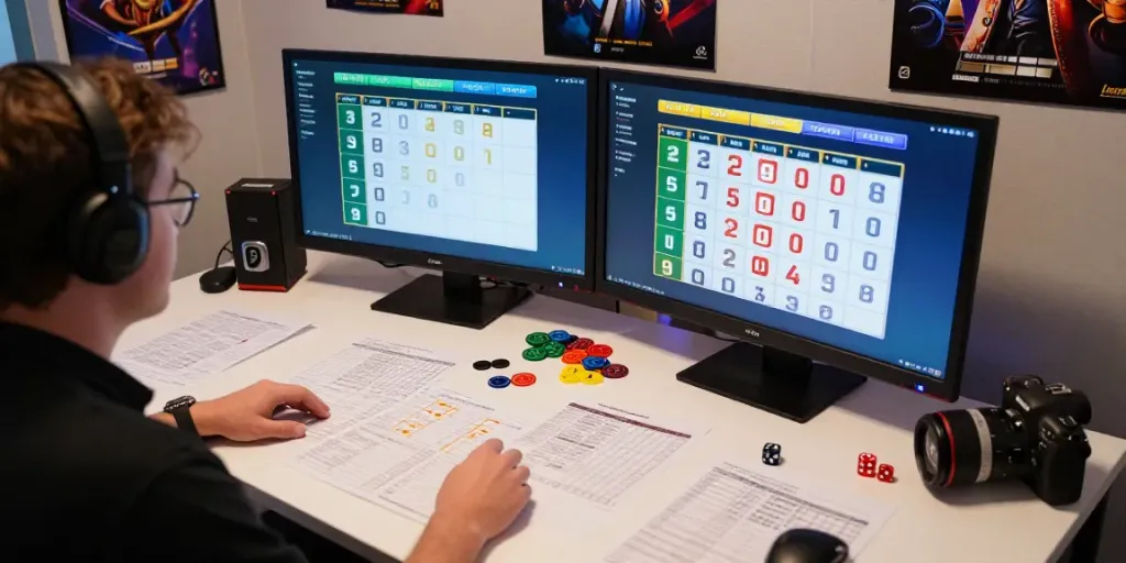Gamer menganalisis strategi bugistoto di ruang permainan yang cerah dengan catatan dan token.