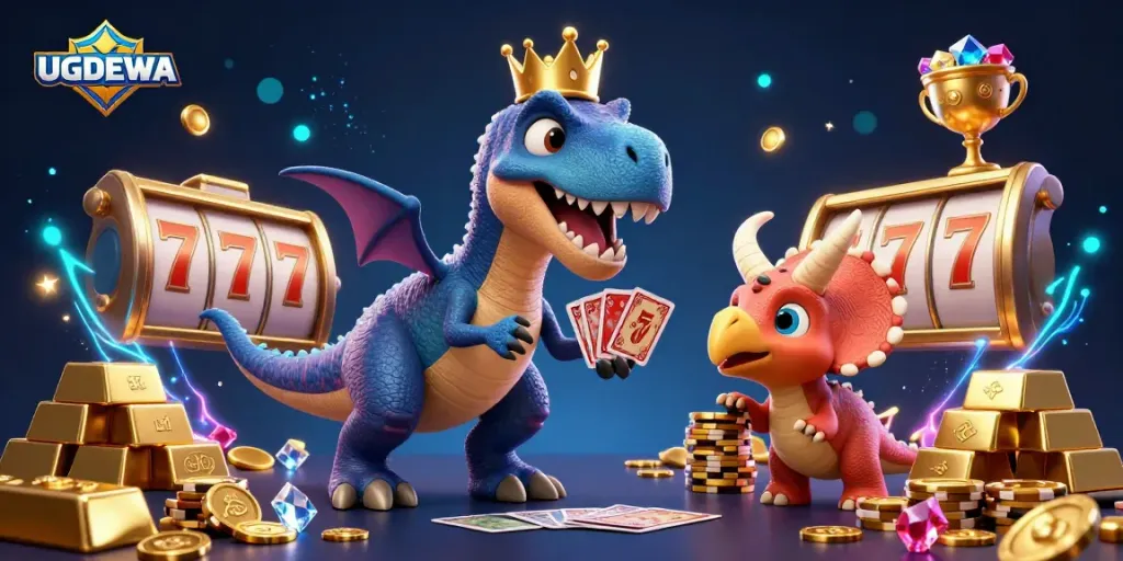 Experience the thrill of UGDEWA gaming with a vibrant cartoon scene featuring a T-Rex shuffling cards.