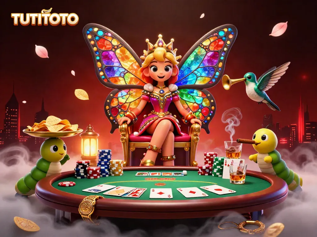 TUTITOTO showcases an enchanting casino scene with a butterfly queen and poker elements.