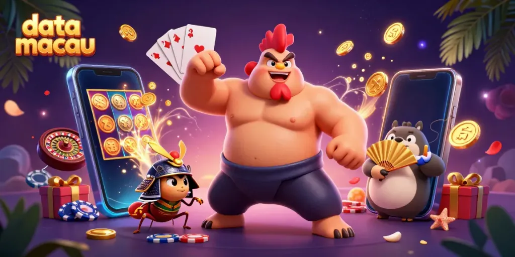 Engage with data macau's exciting gaming scene, featuring a powerful sumo wrestler, fierce cricket, and dynamic gaming elements.