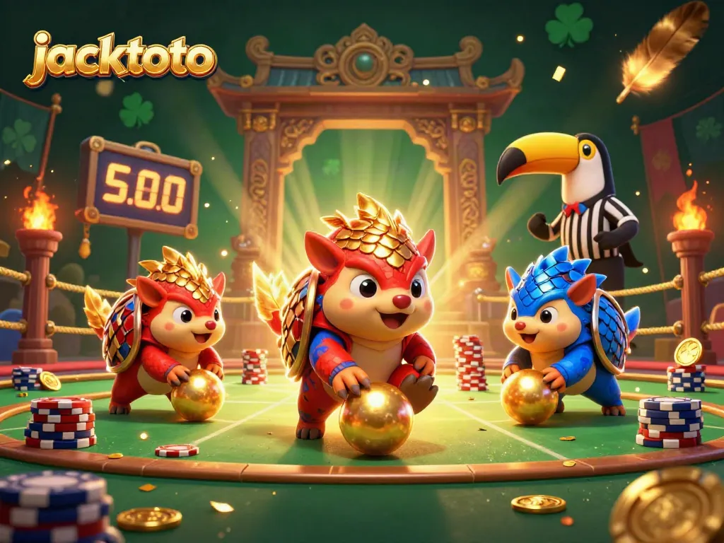 Engage with jacktoto's thrilling rivalry between two pangolins in an action-packed casino scene.