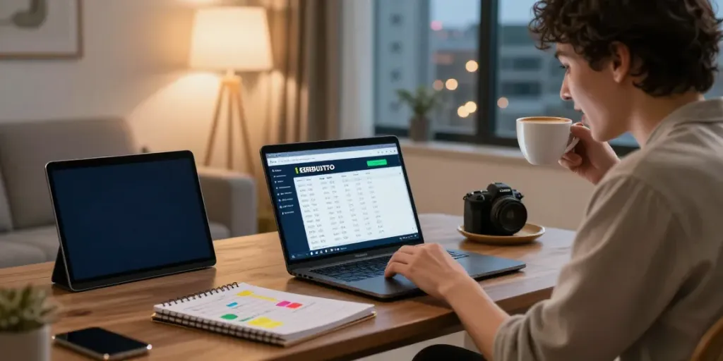 Person excitedly using SERIBUTOTO on a laptop in a modern living room.