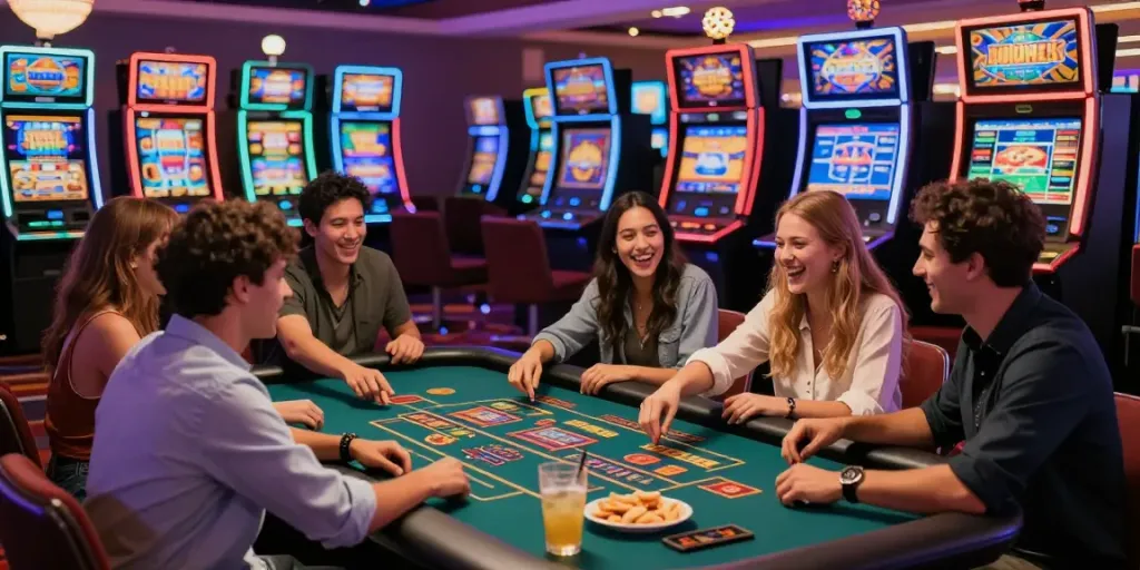Suasana casino dengan teman-teman menikmati permainan slot di betsals88.
