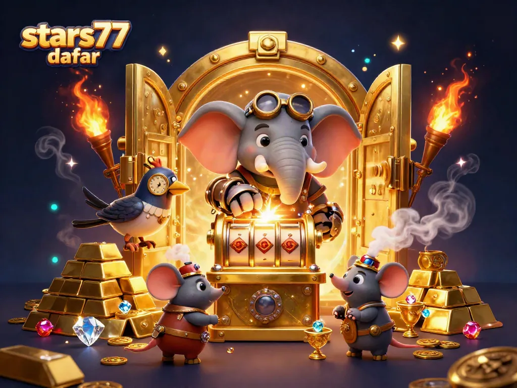 Menangkan permainan di stars77 daftar dengan mesin slot emas dan karakter steampunk yang menarik.