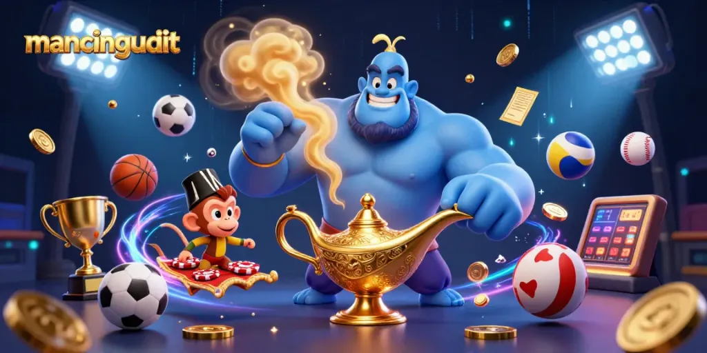 Mancingduit offers an engaging sports betting experience, highlighted by a dynamic 3D scene featuring a genie and magic elements.