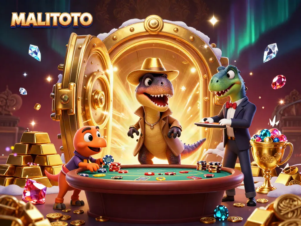 MALITOTO showcases a vibrant casino scene with cartoon dinosaurs engaging in blackjack.