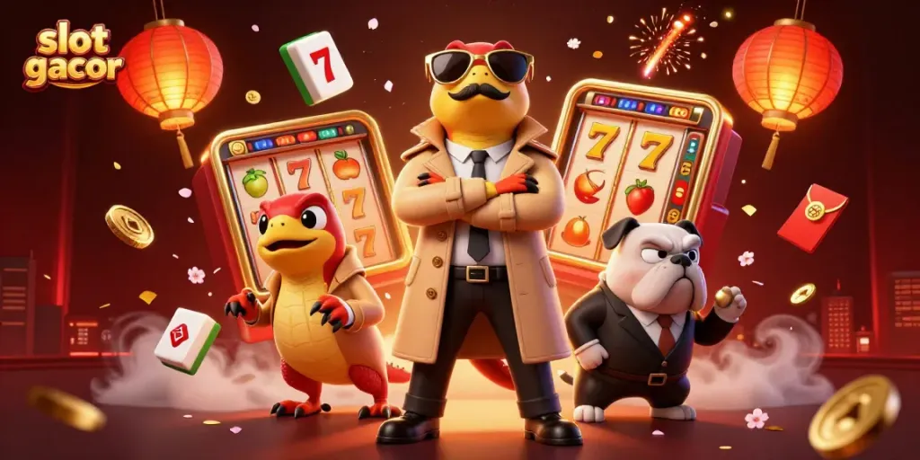Raih kemenangan besar dengan slot gacor yang ditampilkan oleh tiga raptor dalam jas berusaha masuk ke kasino VIP.