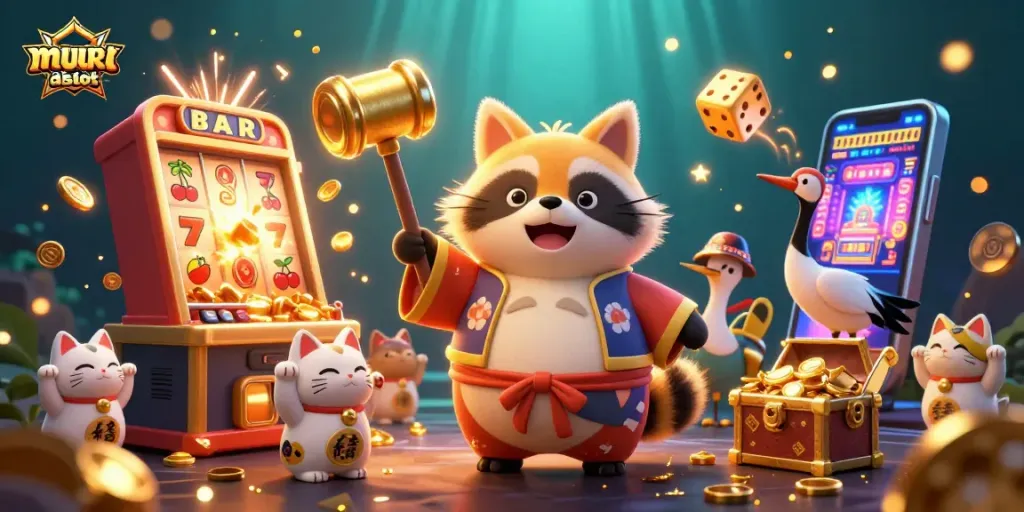 Experience the excitement with murahslot, featuring a joyful tanuki and lucky symbols amidst vibrant casino action.