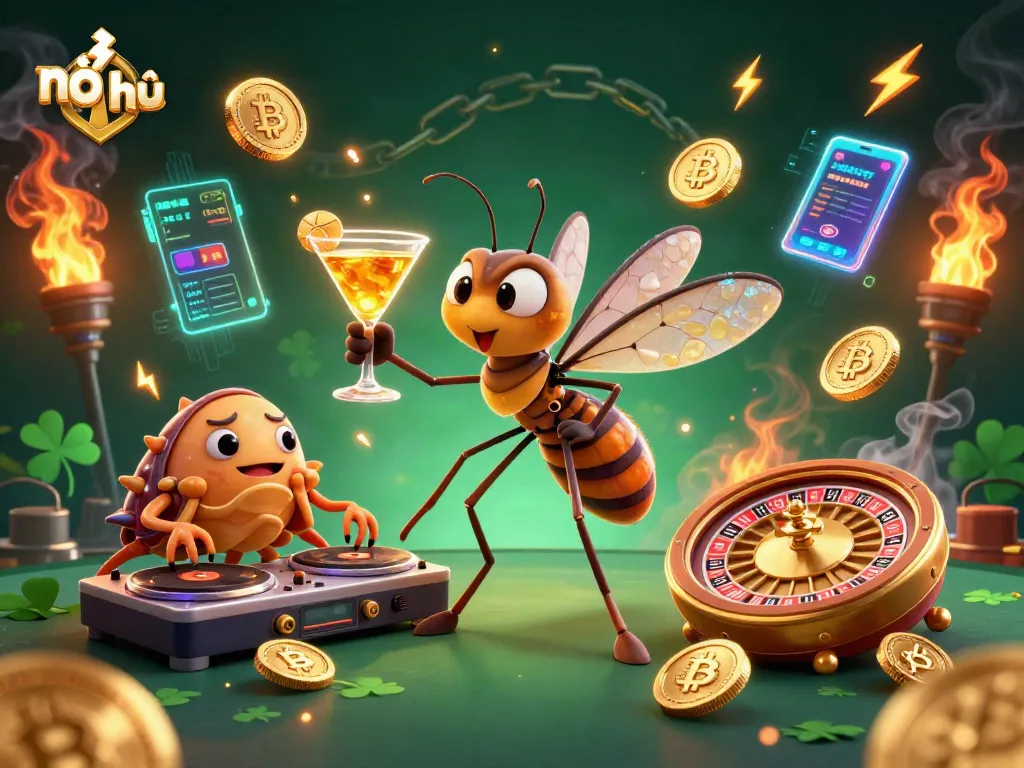 Nổ hũ slot game excitement with cartoon mascot and spinning roulette wheel