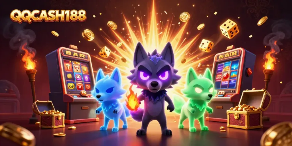 Experience the excitement of QQCASH188 with a vibrant casino scene featuring ghostly wolves and jackpot elements.